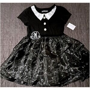Wednesday Addams Nevermore Academy Girls Black Peter Pan Collar Tiered Dress 6/7
